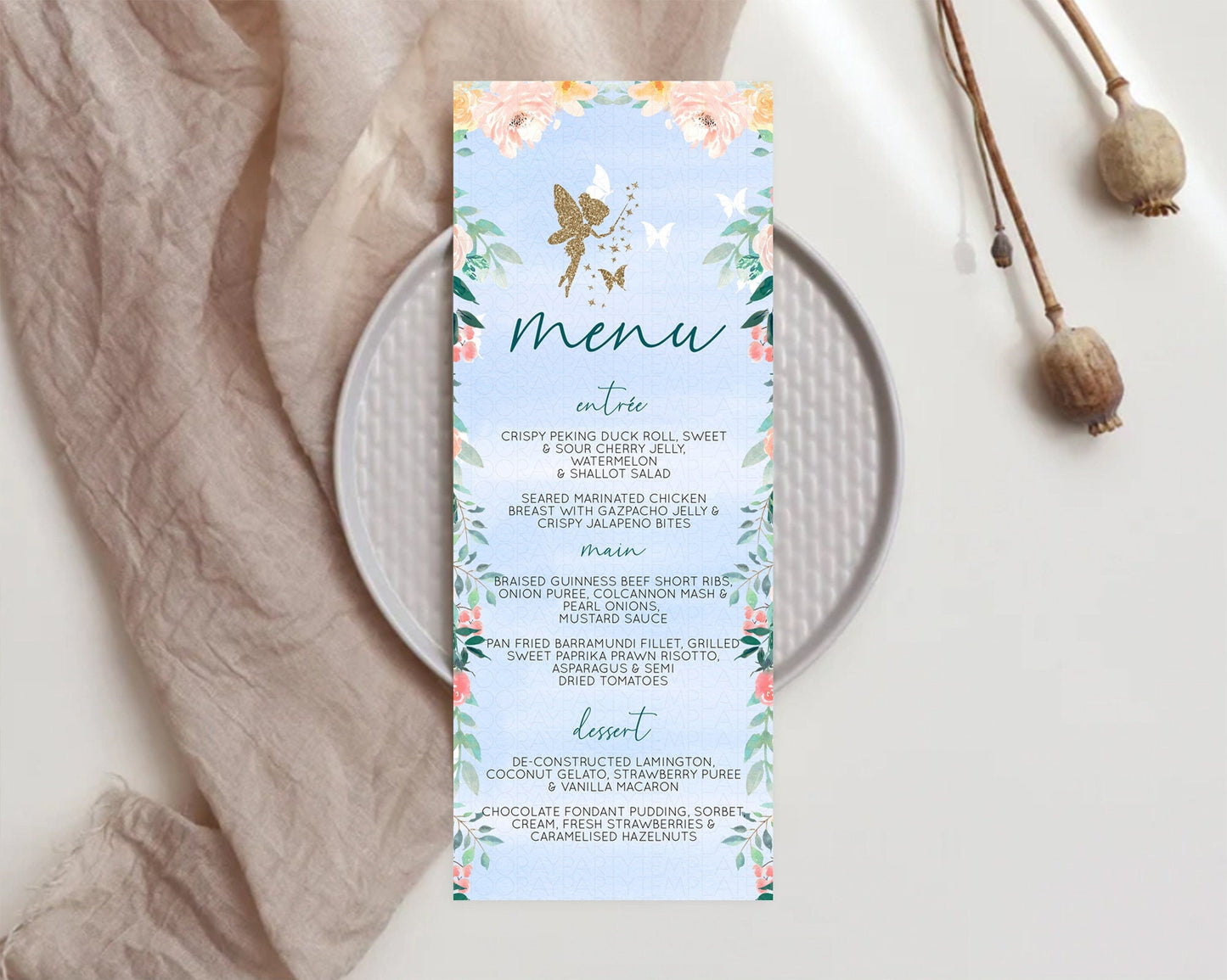 Fairy Menu Fairy Menu Template Enchanted Garden Pastel Floral Butterfly Table Decor Fairy Secret Garden Dinner Dessert Food Menu D10794