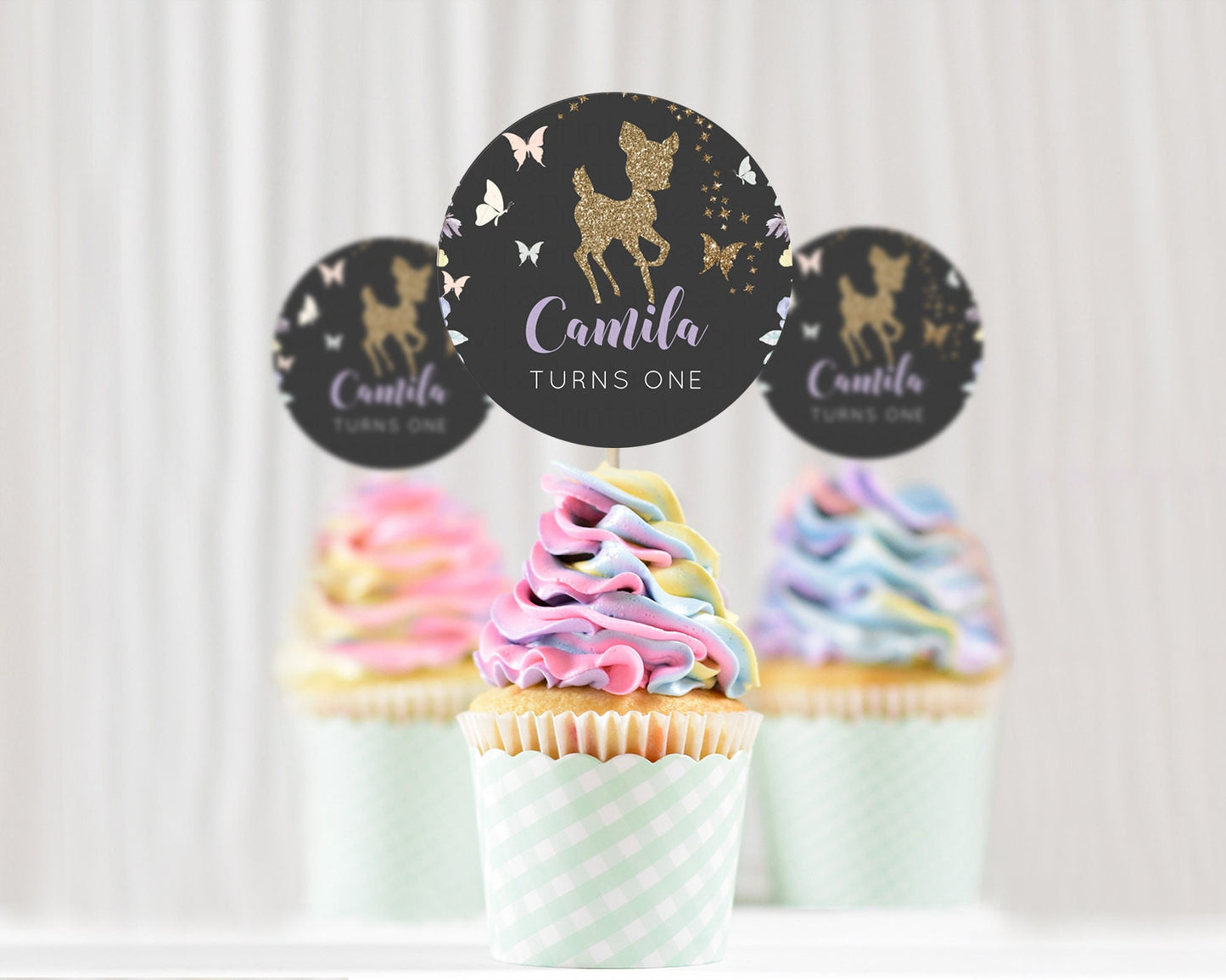 Fawn Cupcake Toppers Deer Cupcake Toppers Enchanted Forest Party Butterfly Pastel Flowers Woofland Cupcake Toppers First Birthday D10880