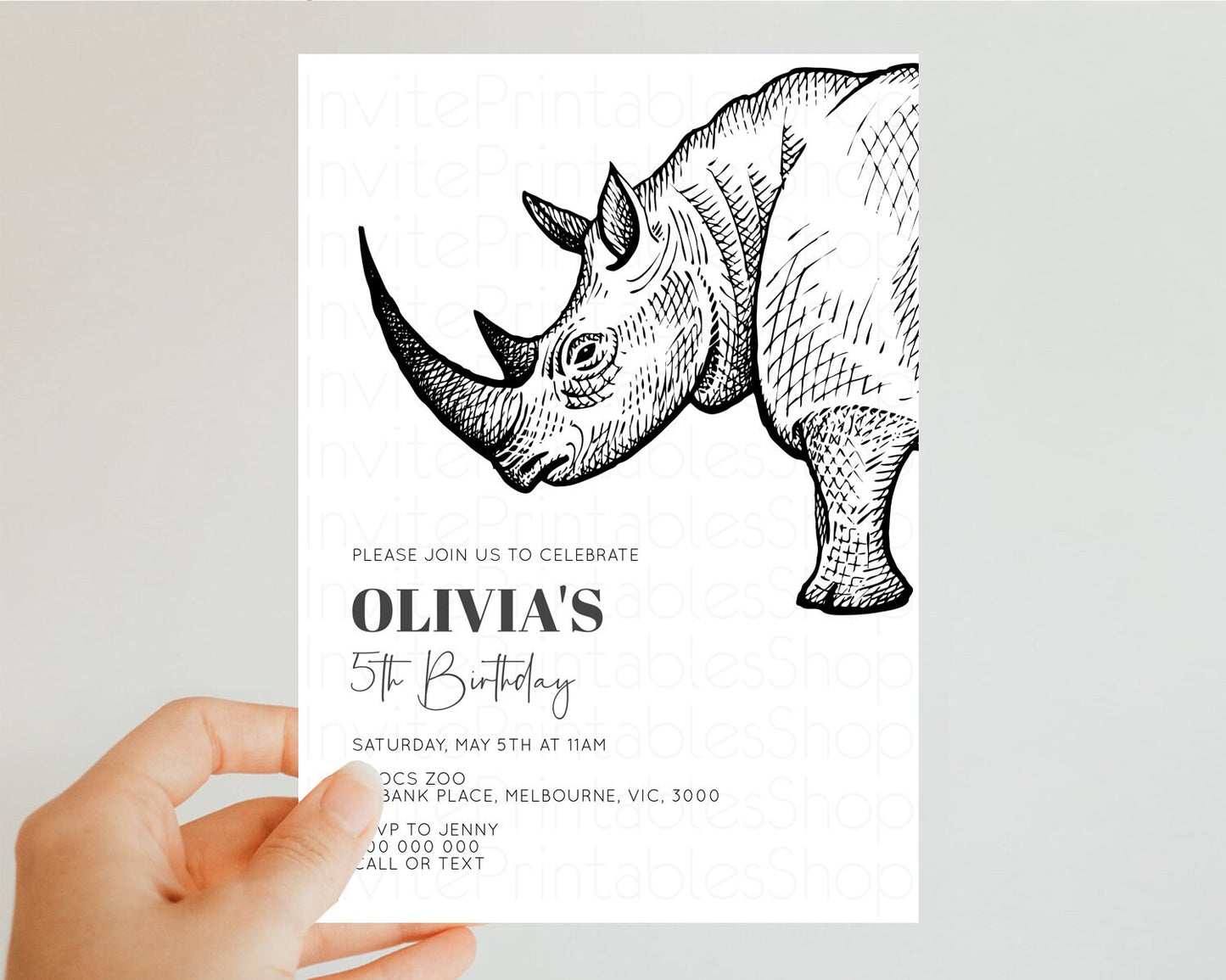 Rhinoceros Birthday Invitation Rhinoceros Invite Jungle Safari invite Watercolor Tropical Palm Adventure Zoo Party Wild Rhino Party t269