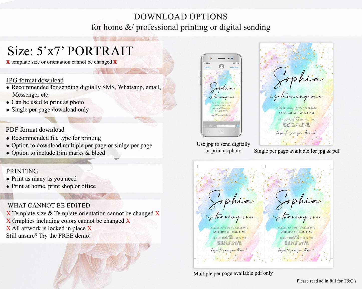 Rainbow Birthday Invitation Colorful Pastel Watercolor Invitation Gold Glitter Sprinkles Ombre Pastel 1st 2nd 3rd Birthday D10640