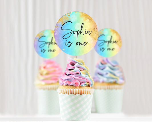 Editable Rainbow Cupcake Toppers Pastel Cupcake Toppers Colorful Pastel Wate