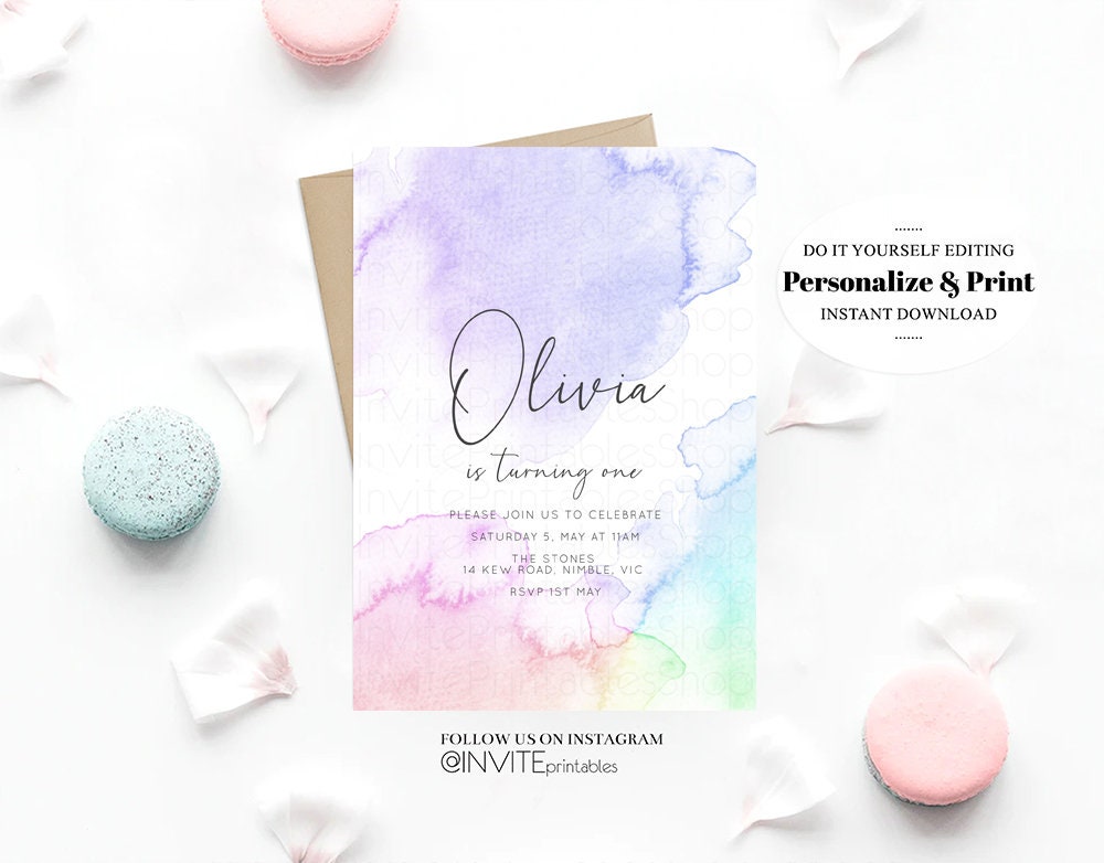 Pastel Rainbow Birthday Invitation Pastel Watercolor Birthday Invite Colorful Watercolor Invite Ombre Pastel Invitation 193