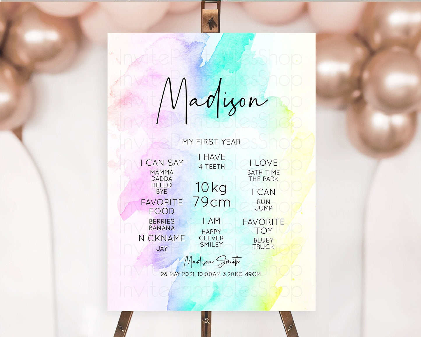 Pastel First Birthday Milestone Board Pastel Rainbow Milestone Poster Colorful Confetti Watercolor Glitter 1st Birthday Welcome Sign D10231