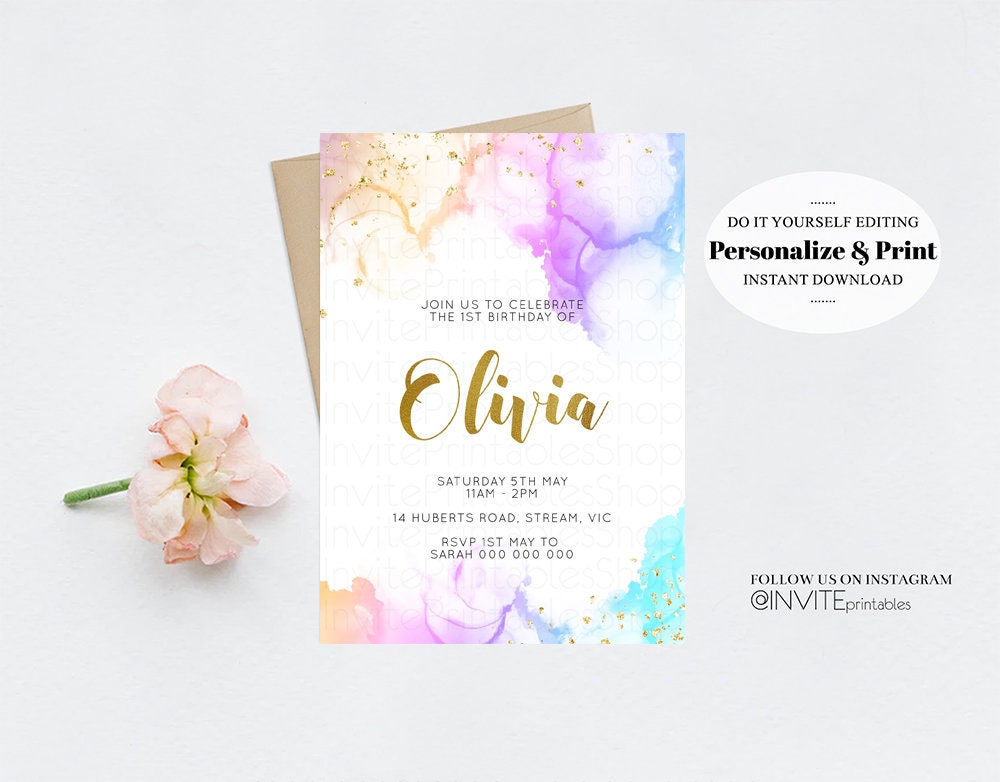 Pastel Rainbow Birthday Invitation Colorful Watercolor Splash Ombre Ink Paint Purple Pink Blue Confetti Gold Glitter Sprinkles Printable