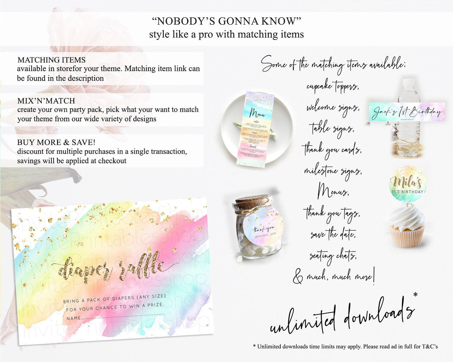 Pastel Diaper Raffle Card Pastel Rainbow Diaper Raffle Insert Colorful Ombre Watercolor Diaper Ticket Confetti Glitter Raffle Game D10495
