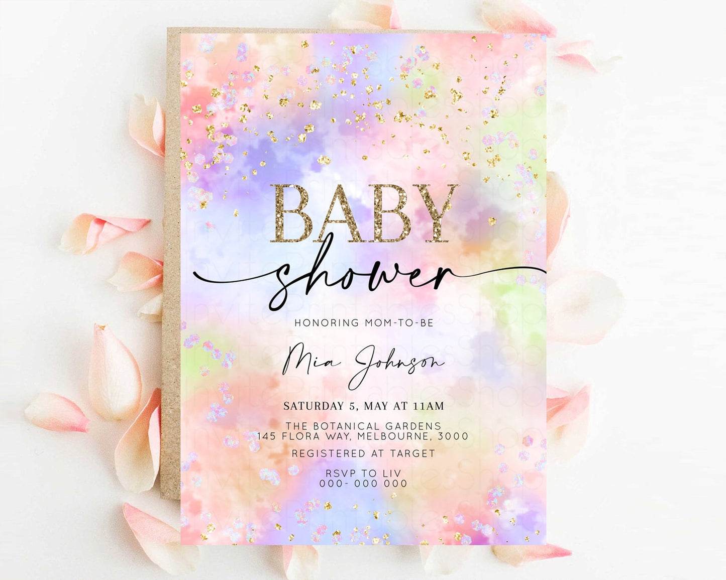 Rainbow Baby Shower Invitation Watercolor Pastel Invitation Colorful Splash Baby Invite Glitter Sprinkles Ombre Clouds Invite Whimsical K589