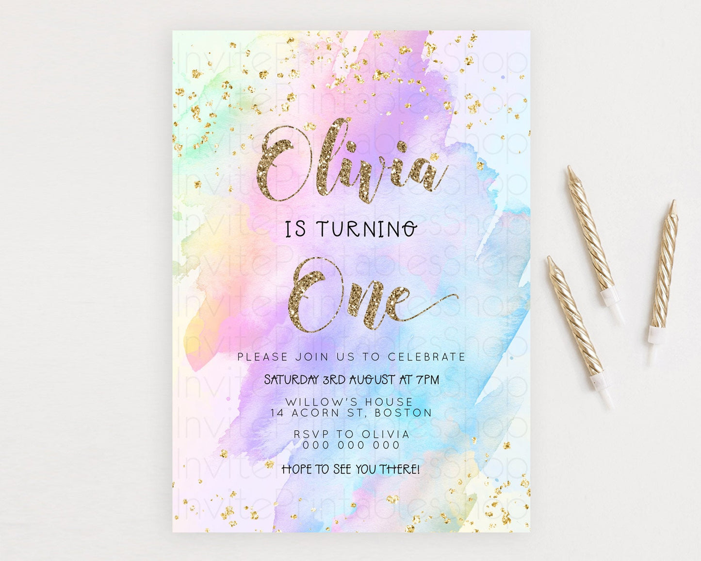 Rainbow Birthday Invitation Colorful Pastel Watercolor Invitation Gold Glitter Sprinkles Ombre Pastel 1st 2nd 3rd Birthday D23295