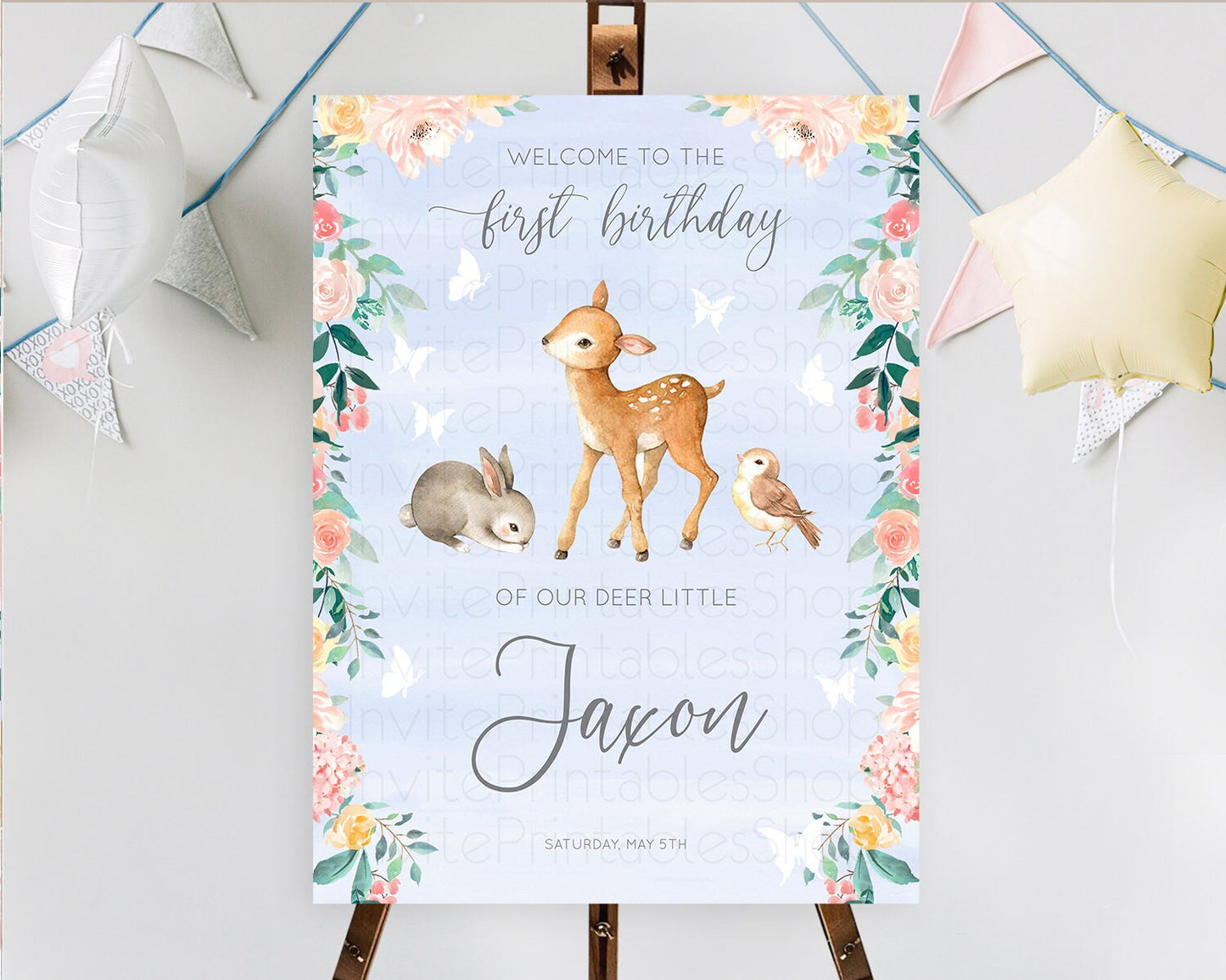 Fawn Welcome Sign Deer Welcome Board Floral Deer Welcome Poster Enchanted Forest Butterfly Pastel Floral First Birthday Welcome Sign D10920