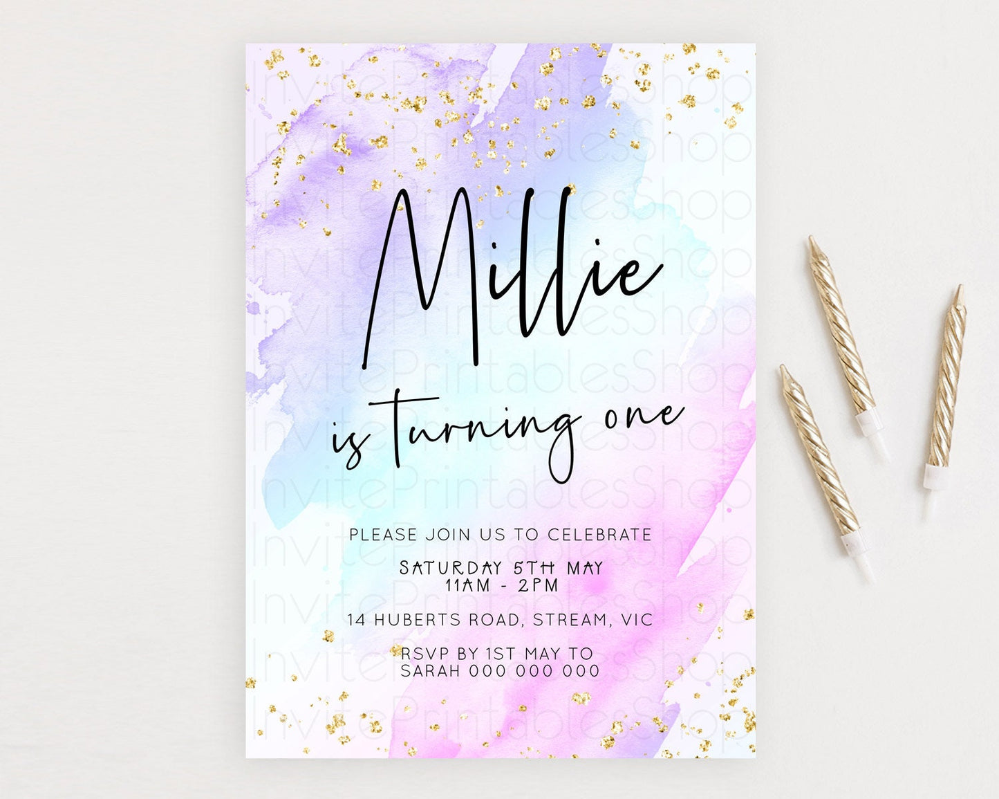 Pastel Birthday Invitation Ombre Watercolor Birthday Invitation Glitter Rainbow Color Splash 1st 2nd 3rd Birthday Invitation D23052