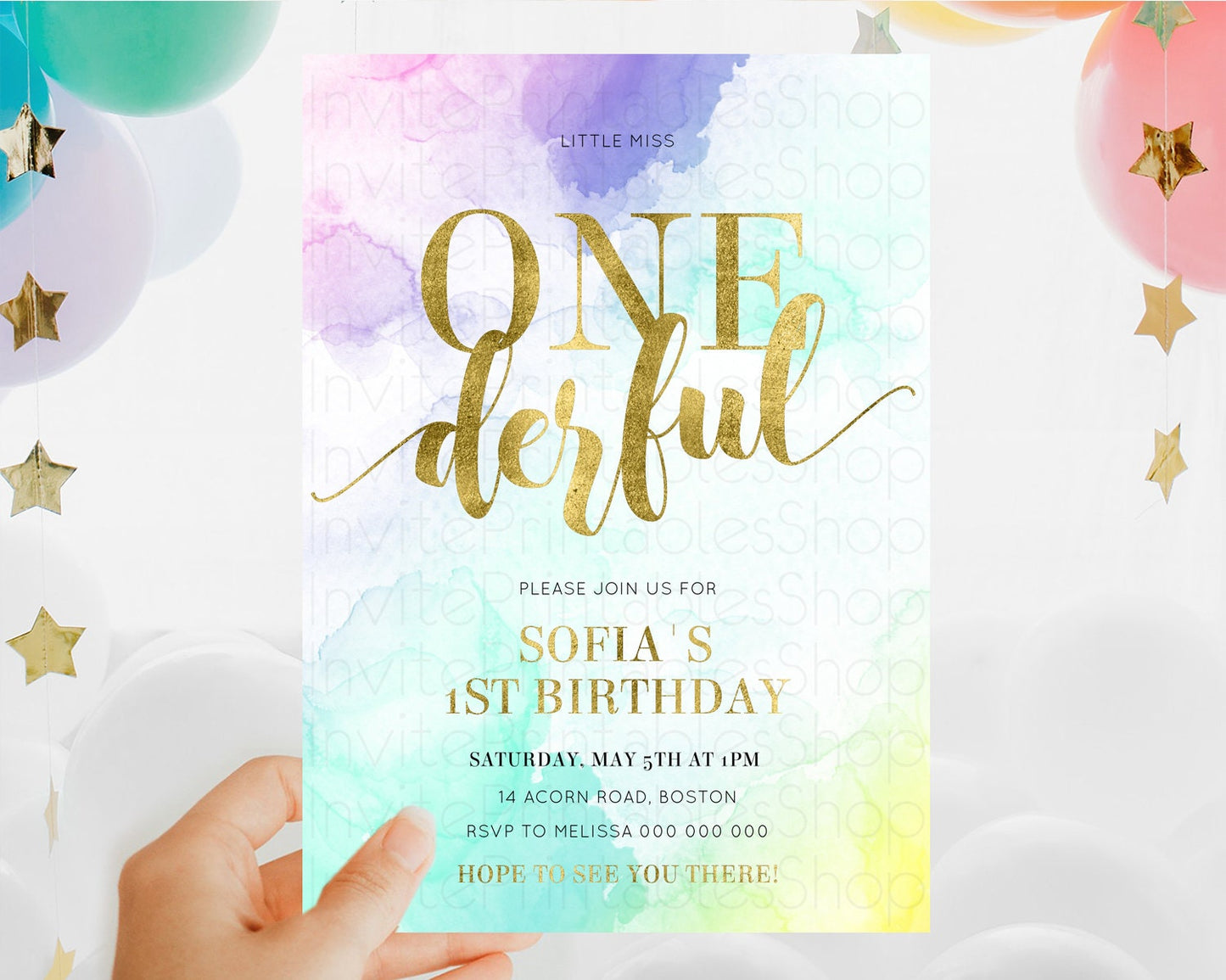 ONEderful Rainbow Birthday Invitation Colorful Pastel Watercolor Invitation Gold Glitter Sprinkles Ombre Pastel 1st Birthday D11024