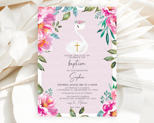 Swan Lake Baptism Invitation Swan Princess Ballet Baptism 1st Birthday Enchanted Forest Secret Garden Watercolour Pastel Floral D10757