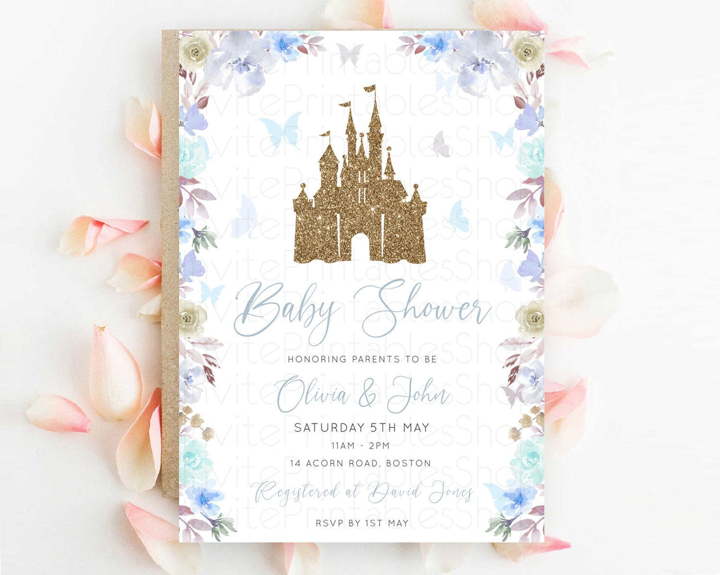 Enchanted Castle Baby Shower Invitation, Whimsical, Secret Garden Theme, Blue Grey Flowers, Soft Floral, Glitter Castle, Butterflies D10932
