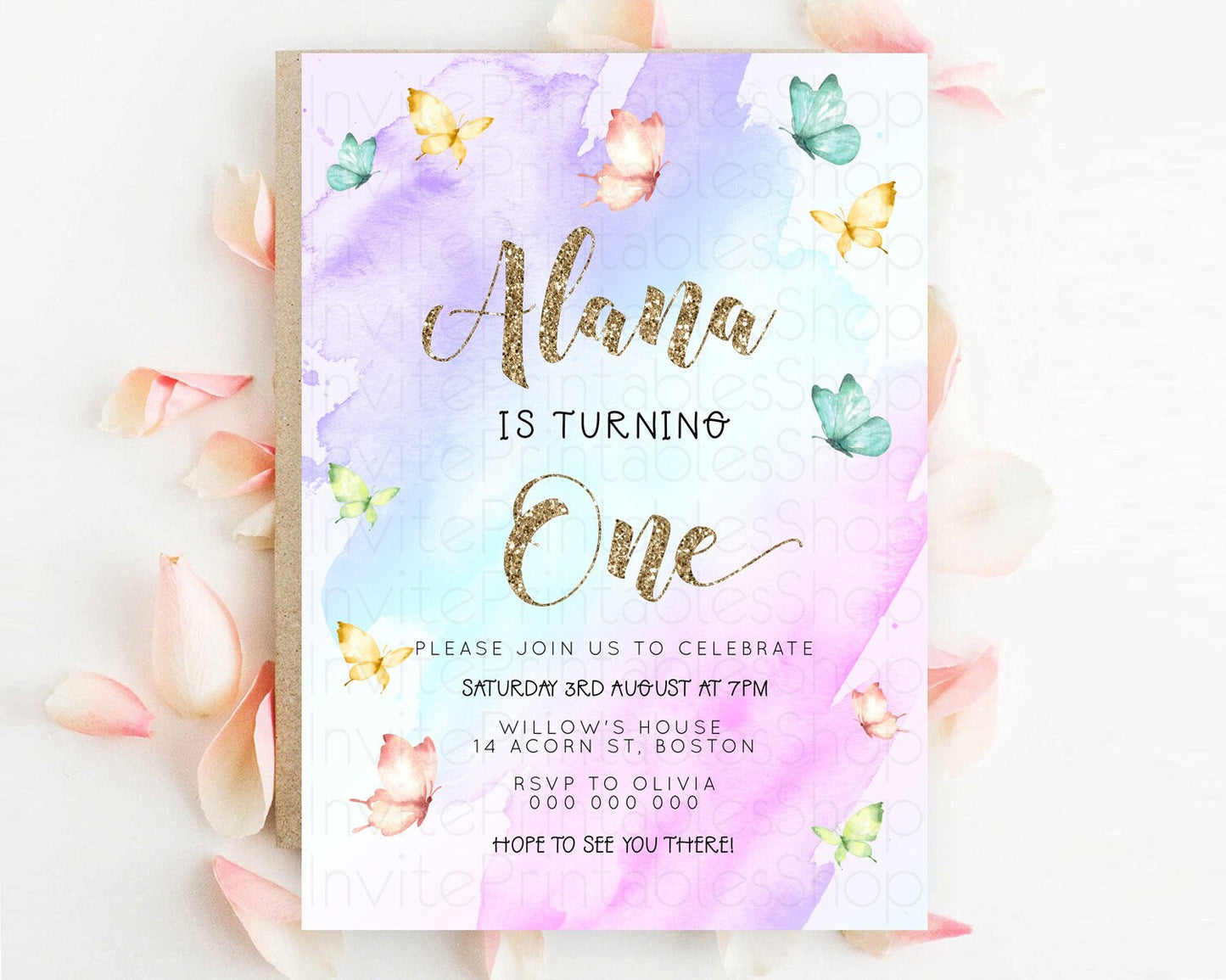 Pastel Butterfly Birthday Invitation Butterfly Birthday Invitation Colorful Splash Glitter Butterfly Garden 1st 2nd Birthday D23236