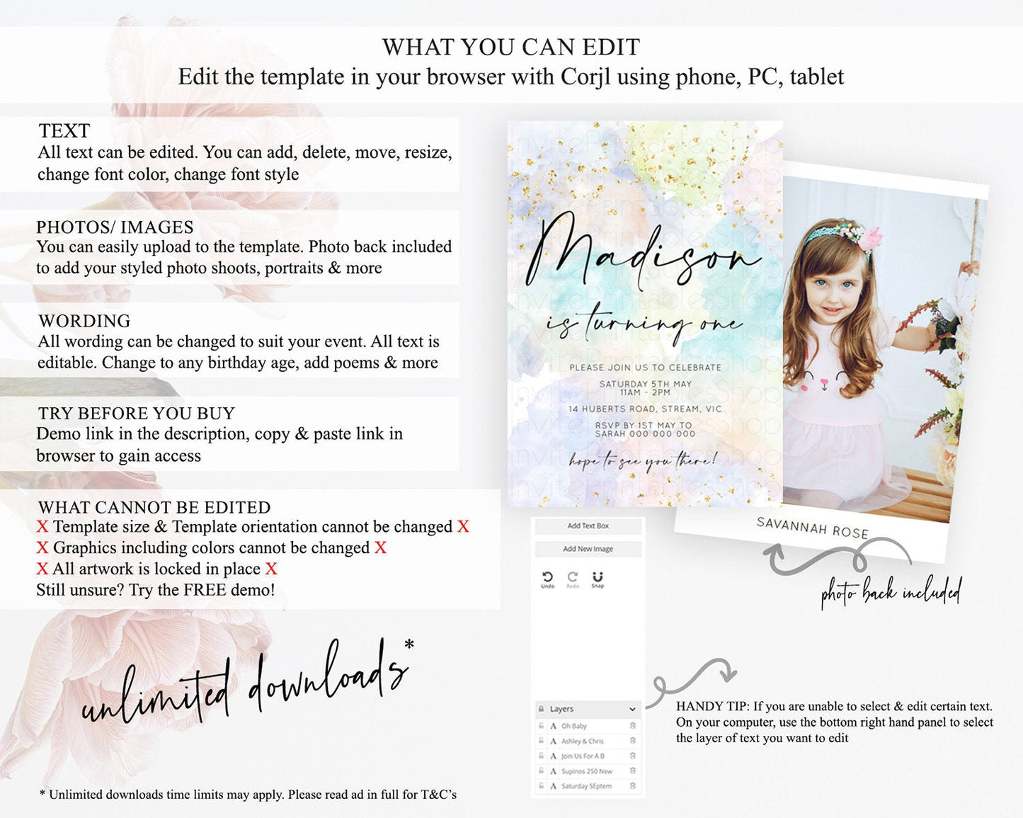 Rainbow Birthday Invitation Colorful Pastel Watercolor Invitation Gold Glitter Sprinkles Ombre Pastel 1st 2nd 3rd Birthday D10613
