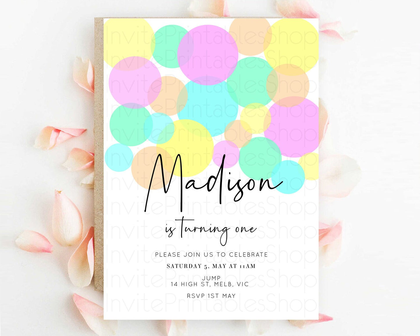 Pastel Birthday Invitation Pastel Confetti Birthday Invitation Bubbles Invitation Colorful Rainbow Confetti 2nd 1st First Birthday D10409