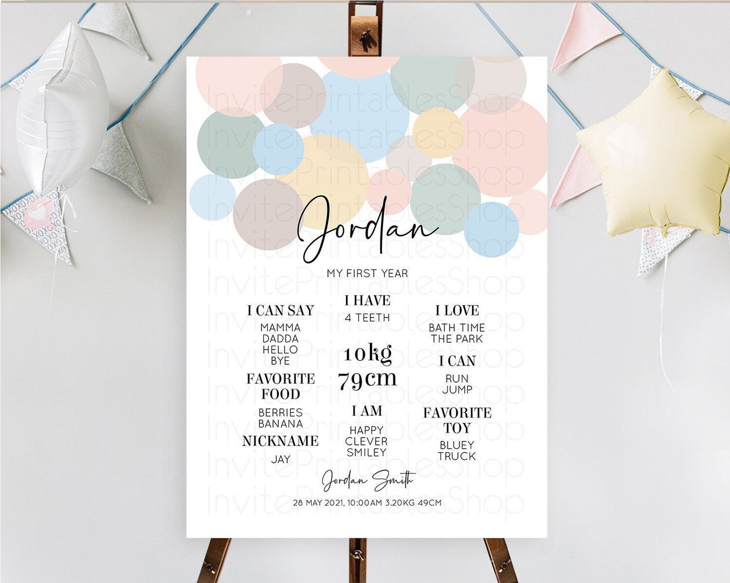 Pastel First Birthday Milestone Poster Pastel Rainbow Confetti First Birthday Milestone Board Colorful Bubbles Birthday Welcome Sign D10602