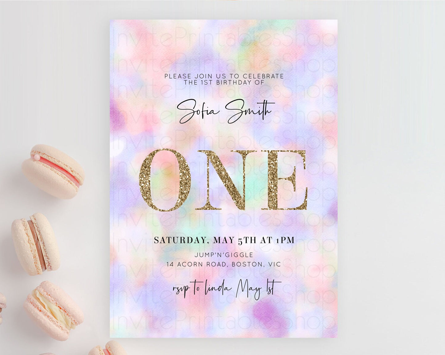 Rainbow Birthday Invitation Colorful Pastel Watercolor Invitation Gold Glitter Sprinkles Ombre Pastel 1st 2nd 3rd Birthday D10697