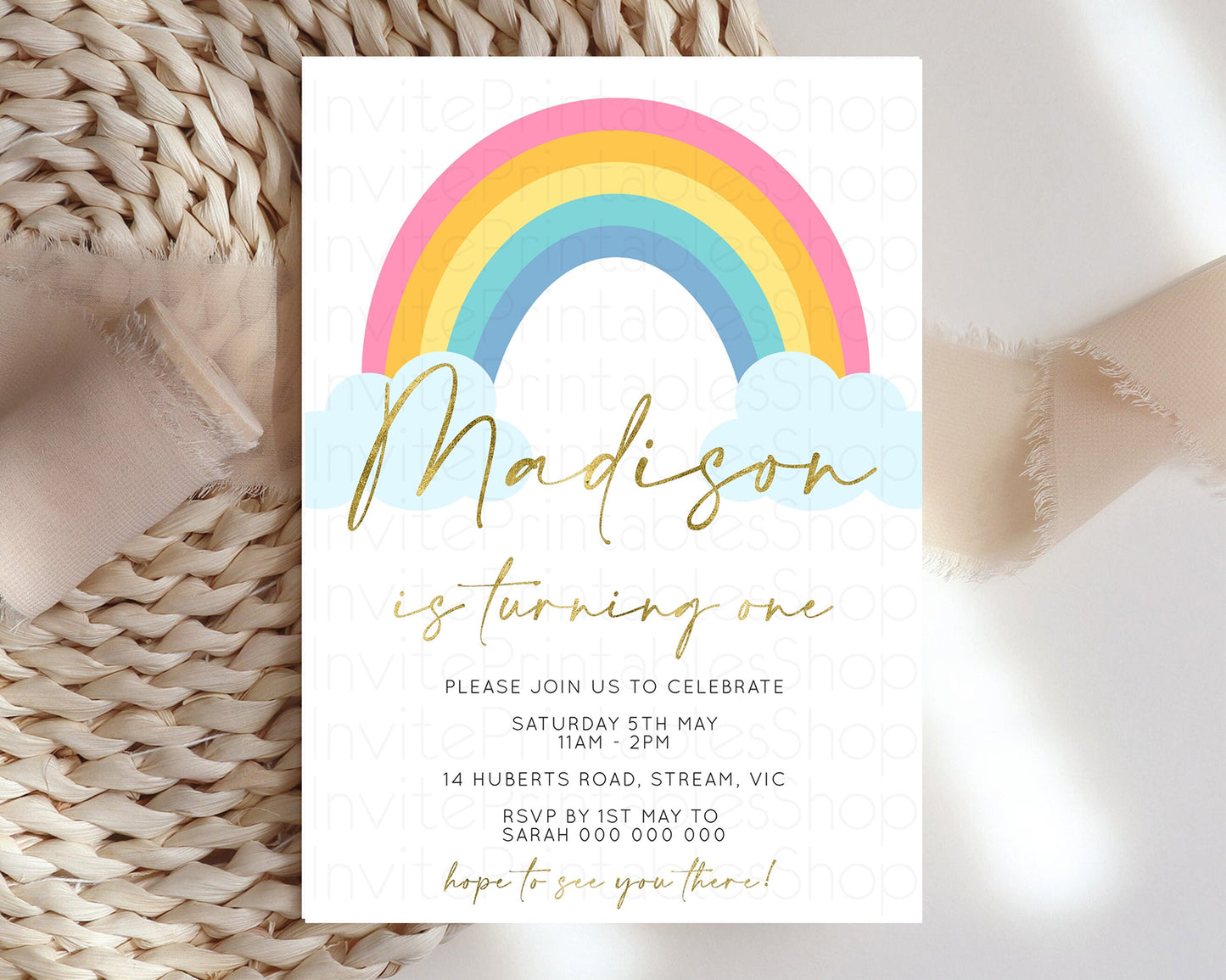 Rainbow Birthday Invitation Colorful Pastel Invitation Heart Rainbow Invite Watercolor Pink Blue Yellow Clouds 1st 2nd 3rd Birthday 190