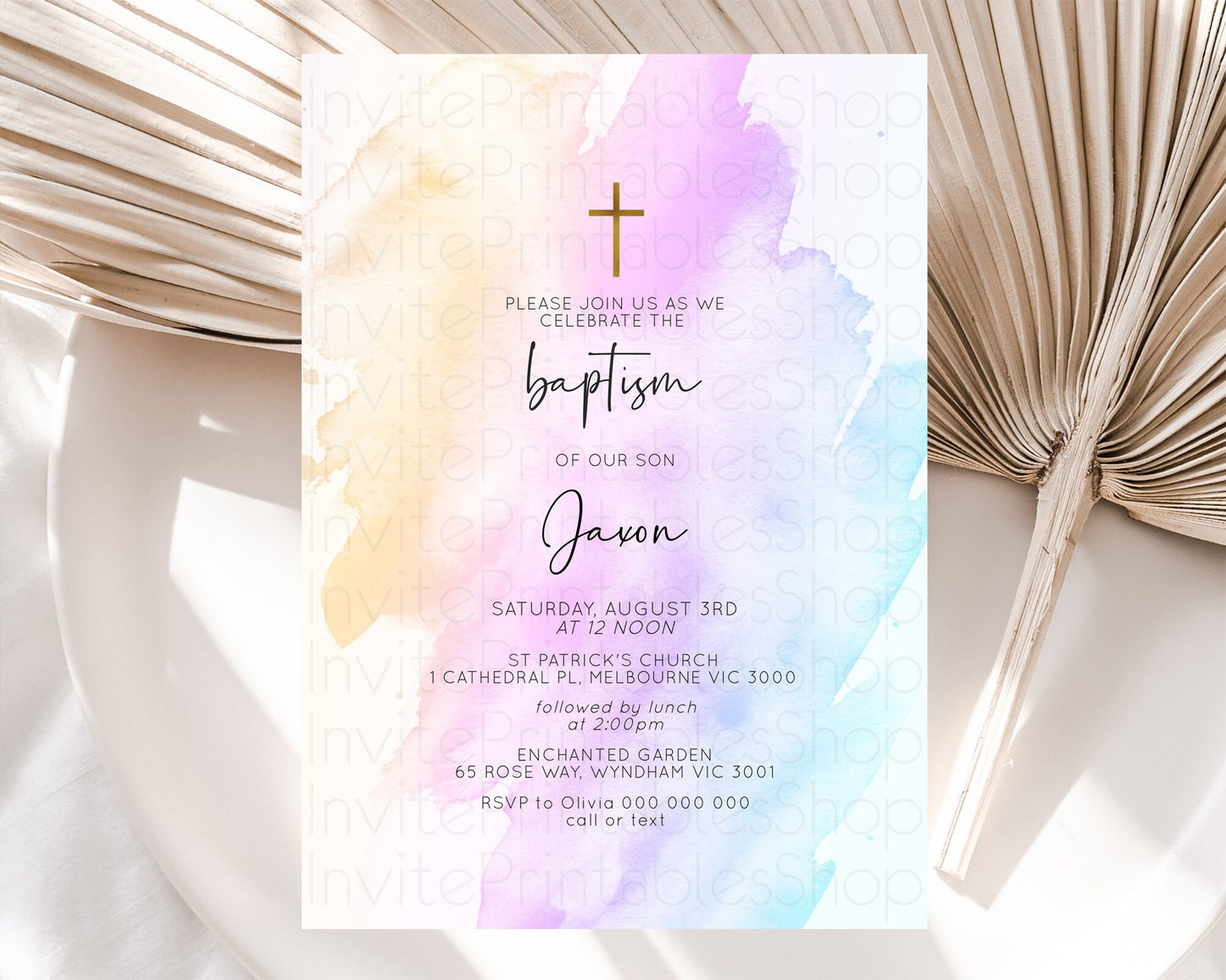 Pastel Baptism Invitation Pastel Colors Watercolor Baptism 1st Birthday Party Gold Ombre Pastel Rainbow Christening Holy Communion D10177