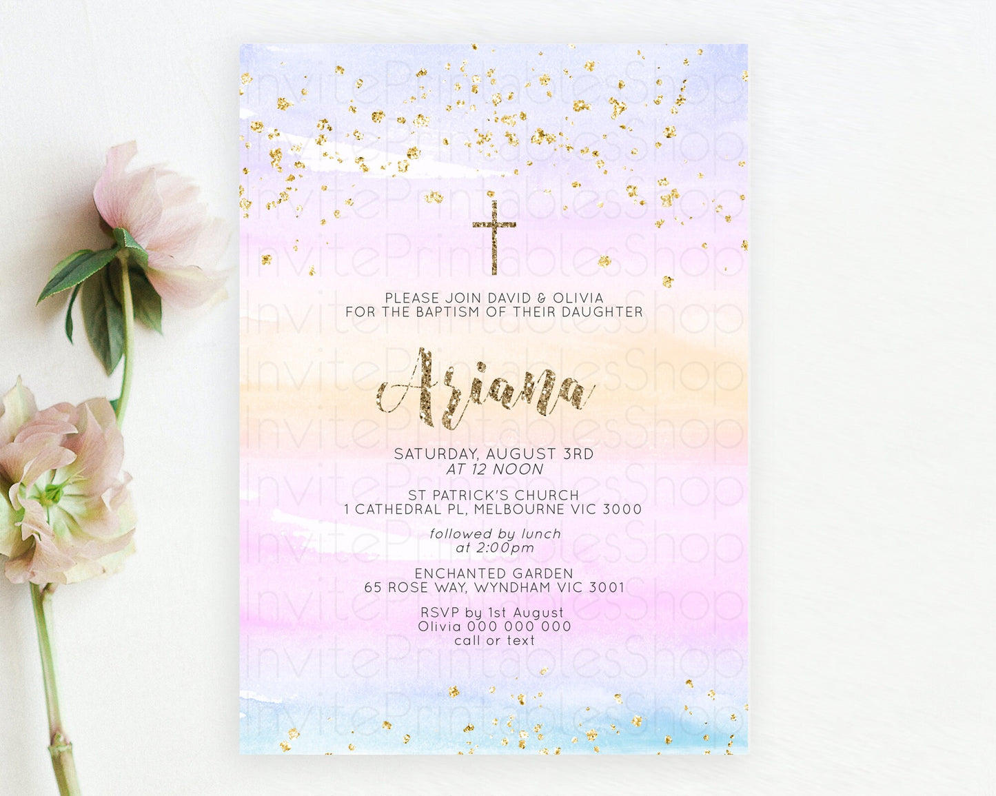 Pastel Baptism Invitation Pastel Colors Watercolor Baptism 1st Birthday Party Gold Ombre Pastel Rainbow Christening Holy Communion D10595