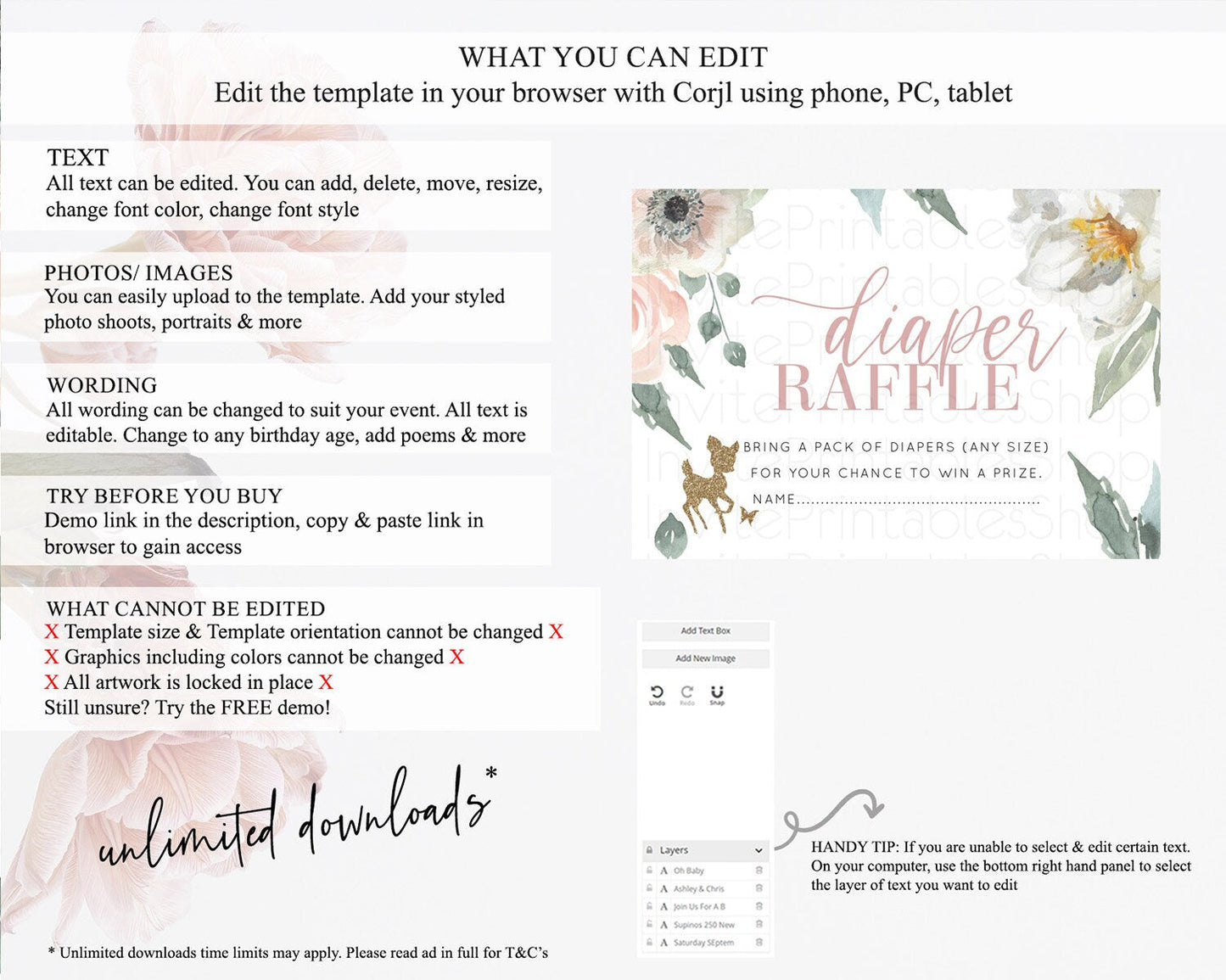 Fawn Diaper Raffle Card Deer Diaper Insert Floral Deer Diaper Ticket Enchanted Forest Butterfly Pastel Baby Shower Raffle Game D10120