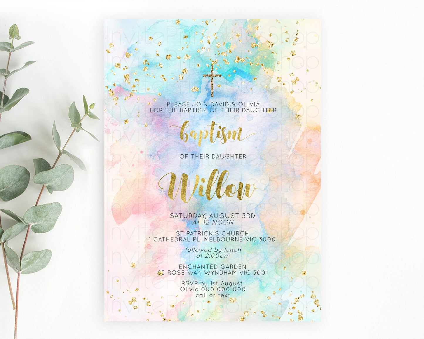 Pastel Baptism Invitation Pastel Colors Watercolor Baptism 1st Birthday Party Gold Ombre Pastel Rainbow Christening Holy Communion D10272