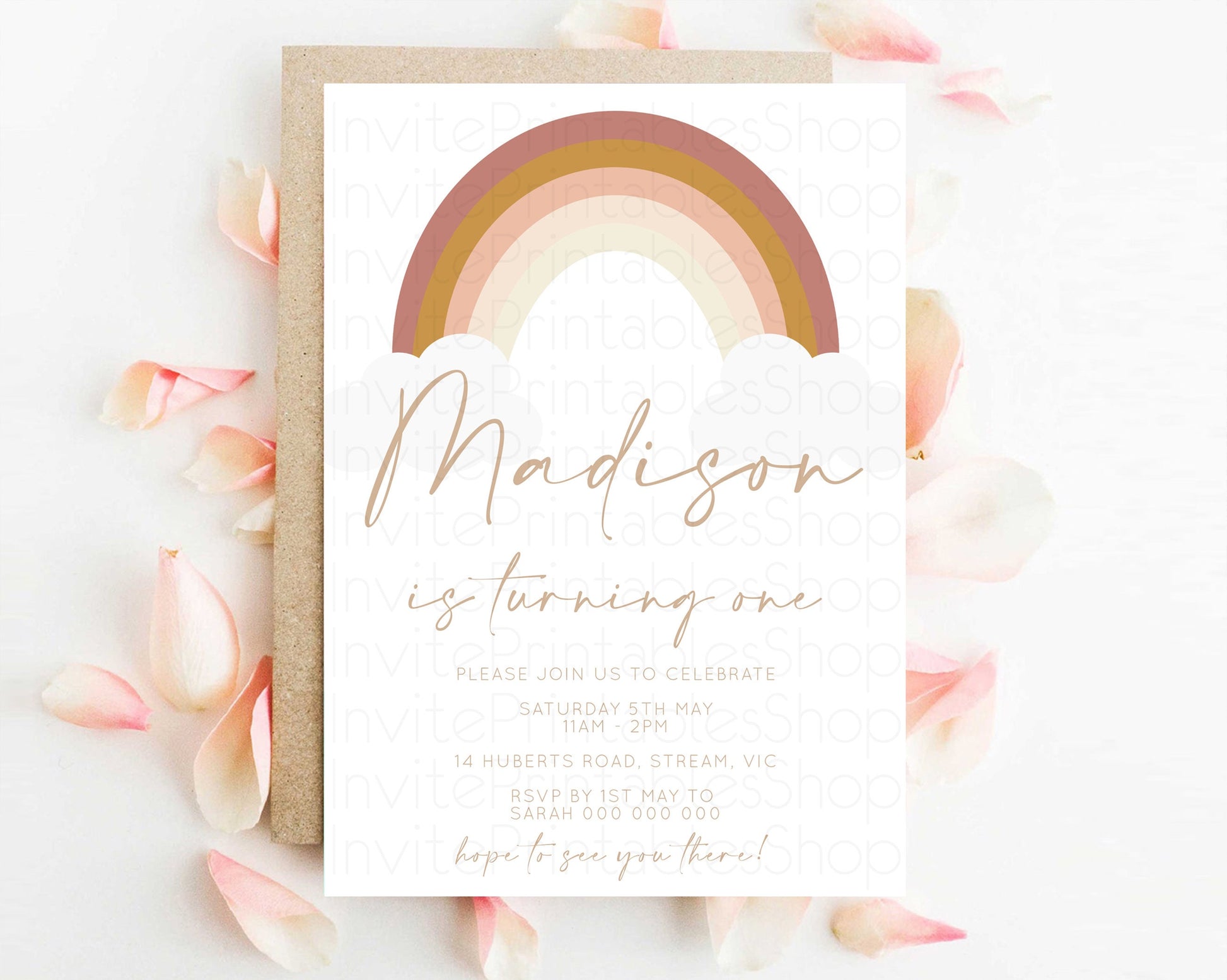 Editable Boho Rainbow Birthday Invitation Pastel Invitation Heart Rainbow In