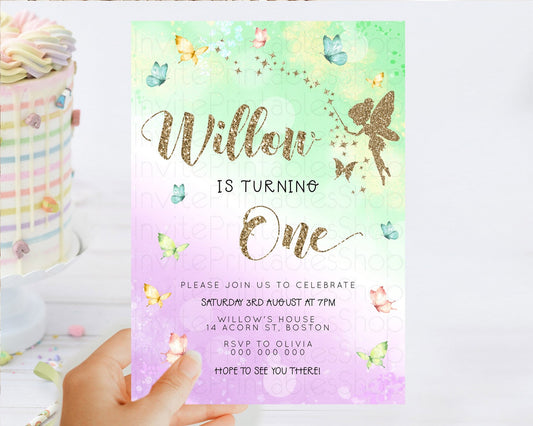 Pastel Fairy Birthday Invitation Pastel Butterflies Fairy Birthday Invitation Rainbow Ombre Watercolor 1st 2nd Birthday Invitation D23157