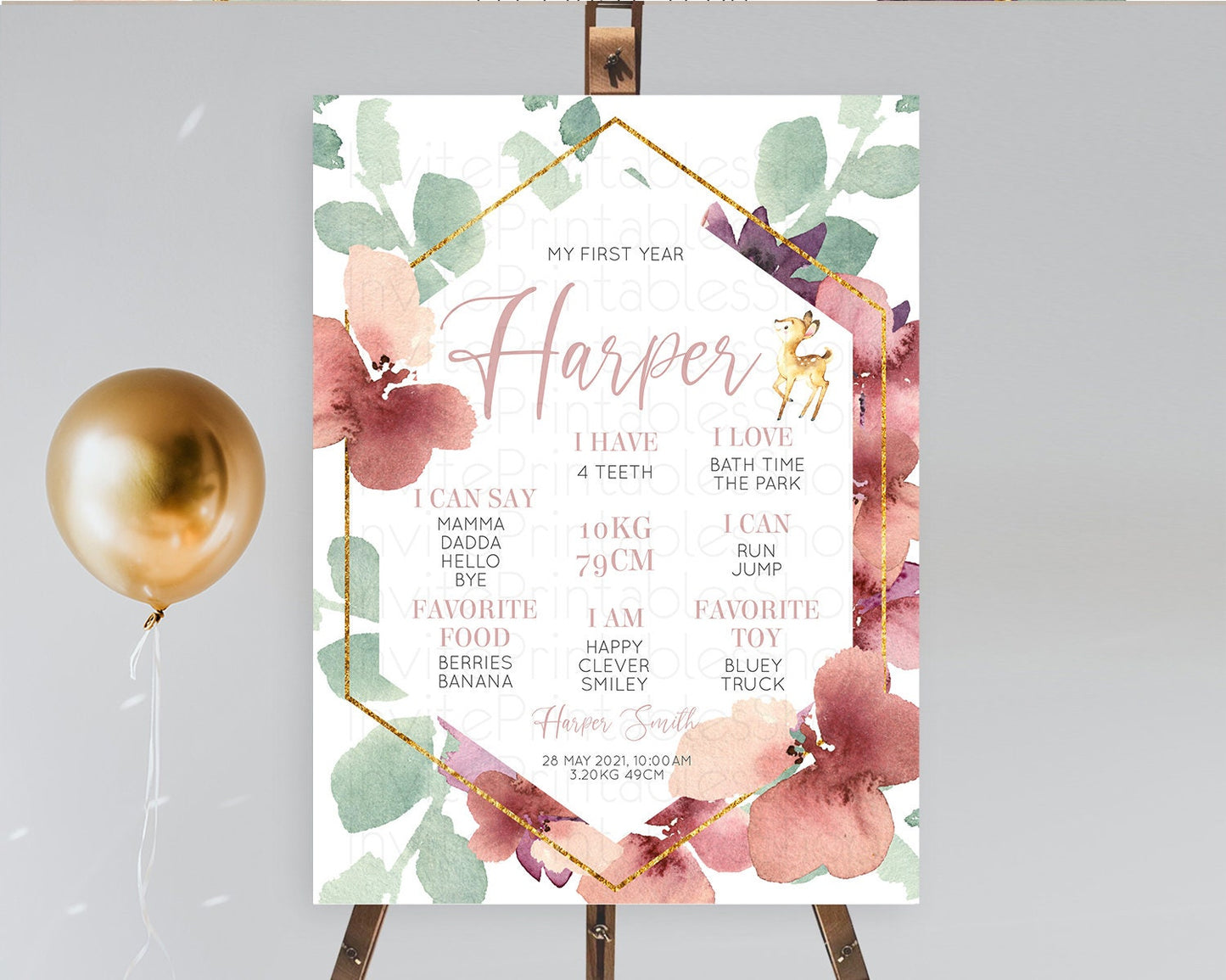 Fawn First Birthday Milestone Board Deer First Birthday Milestone Poster Enchanted Forest Butterfly Pastel Flowers 1st Birthday Sign D10915