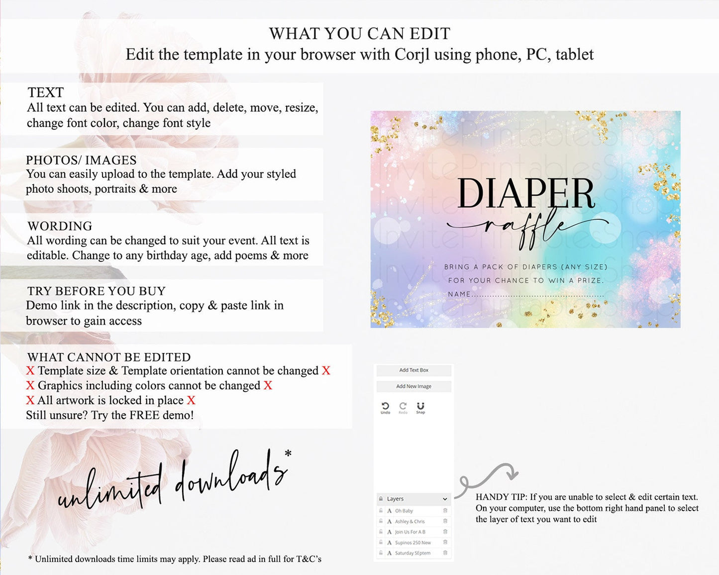 Rainbow Diaper Raffle Card Pastel Diaper Insert Colorful Pastel Watercolor Ombre Diaper Ticket Iridescent Sprinkles Raffle Game D10675