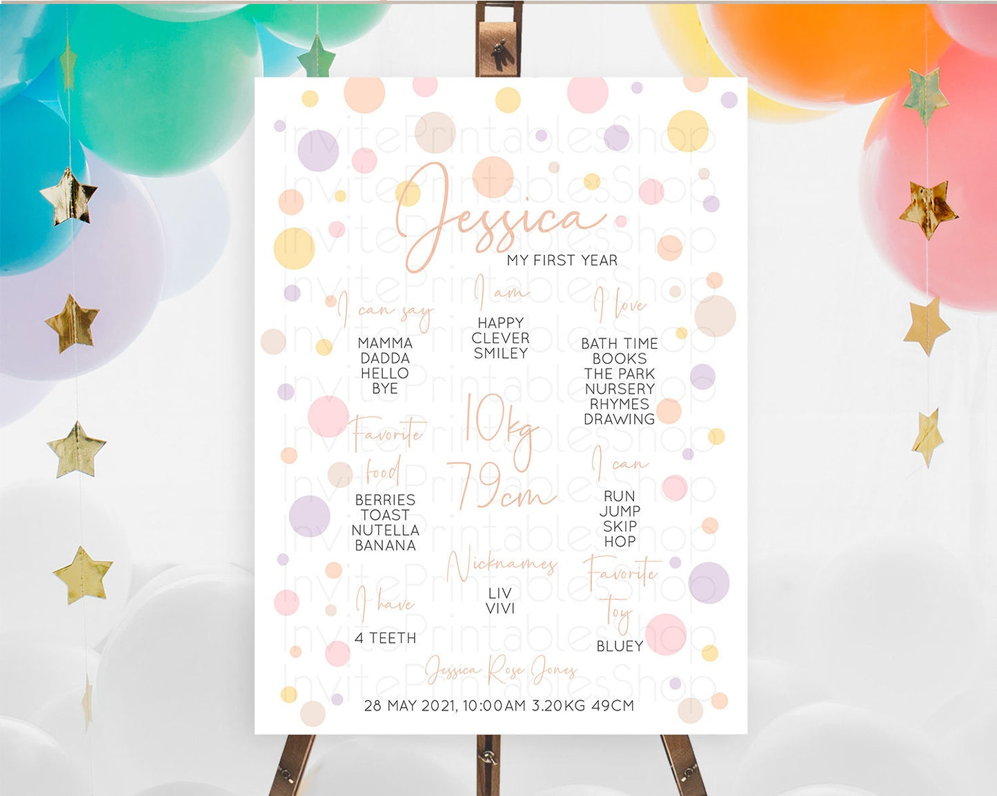 Pastel First Birthday Milestone Poster Pastel Rainbow Confetti First Birthday Milestone Board Colorful Bubbles Birthday Welcome Sign D10759