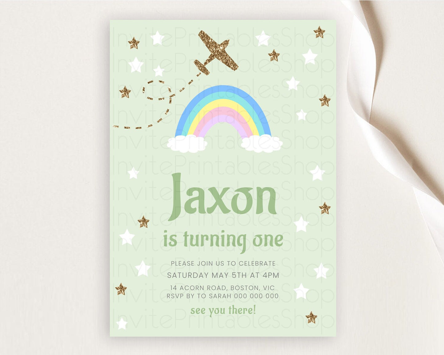 Plane Birthday Invitation Plane Invite Pastel Rainbow Clouds Stars Party Adventure Awaits Up Up Away Glitter 2nd 1st First Birthday D10293