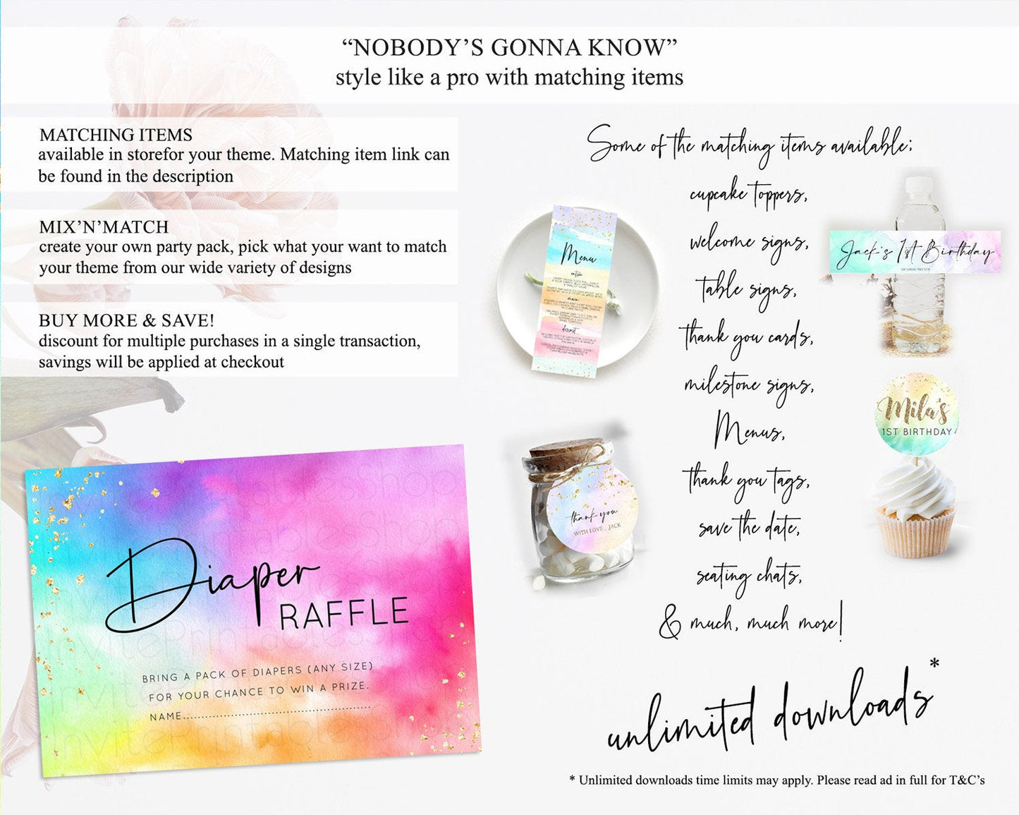Tie Dye Diaper Raffle Card Rainbow Tie Dye Diaper Raffle Insert Pastel Rainbow Watercolor Diaper Ticket Tie Dye Colors Raffle Game D10456