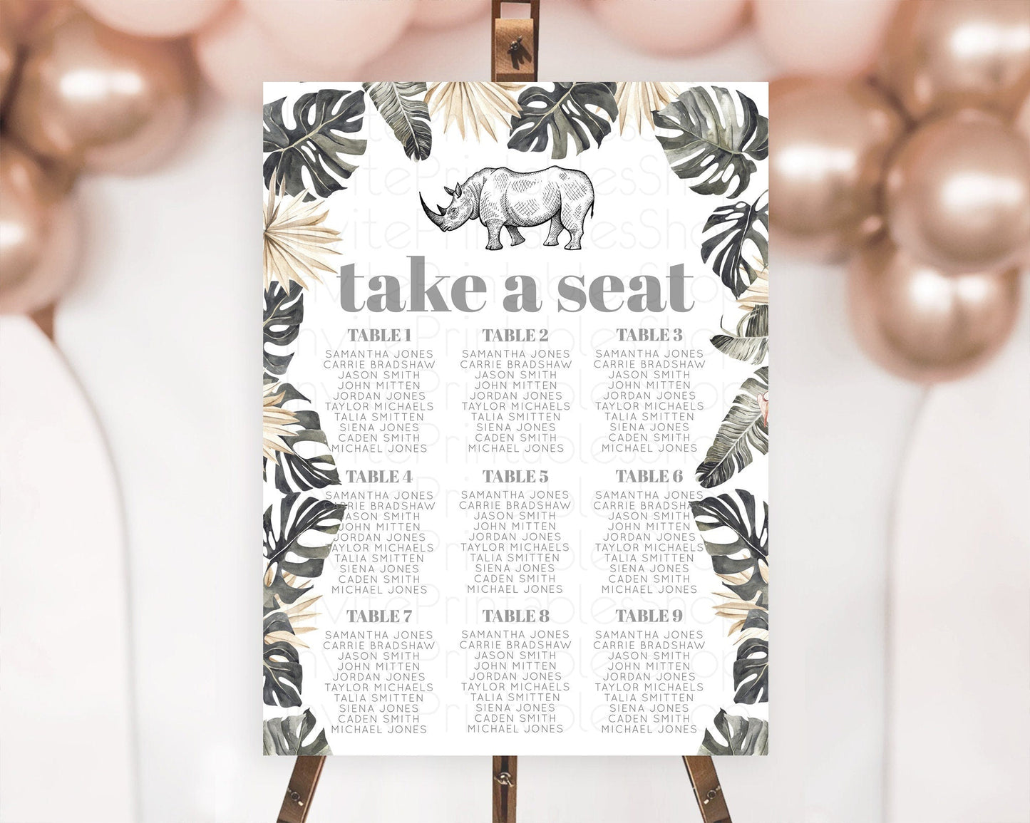 Rhino Seating Chart Rhino Seating Sign Rhino Take A Seating Chart Rhino Safari Adventure Decor Zoo Party Rhino Palm Leaf Decor D10826