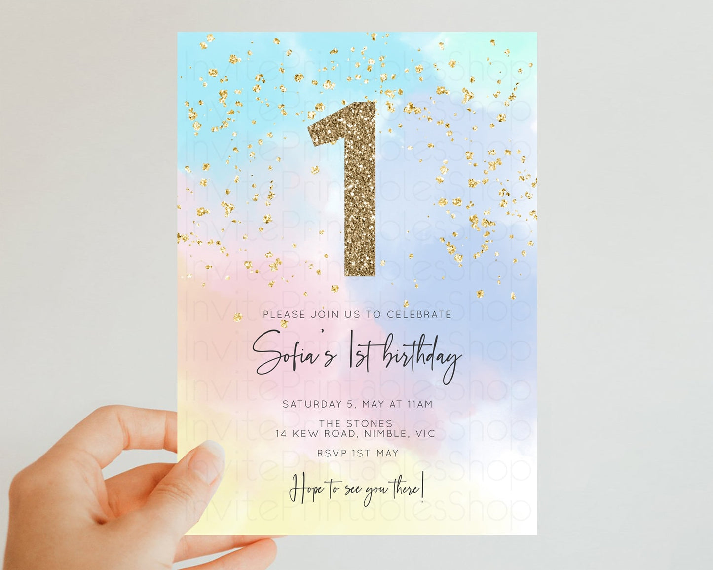 Rainbow Birthday Invitation Pastel Clouds Invitation Rainbow Sky Invite Colorful Watercolor Invite Glitter Sprinkle Invite 1st 2nd 3rd 446