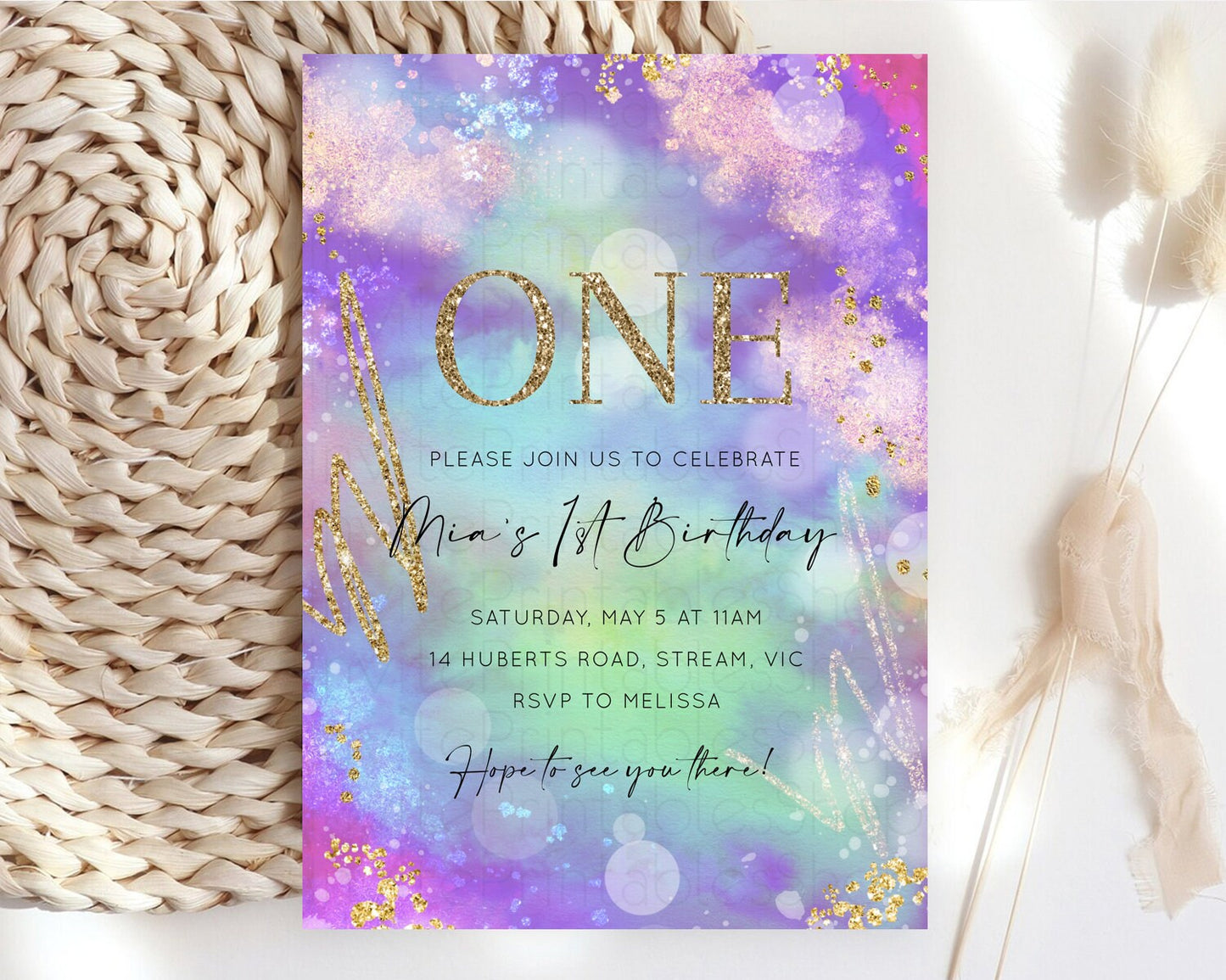 Rainbow Birthday Invitation Colorful Pastel Watercolor Invitation Gold Glitter Sprinkles Ombre Pastel 1st 2nd 3rd Birthday D10680