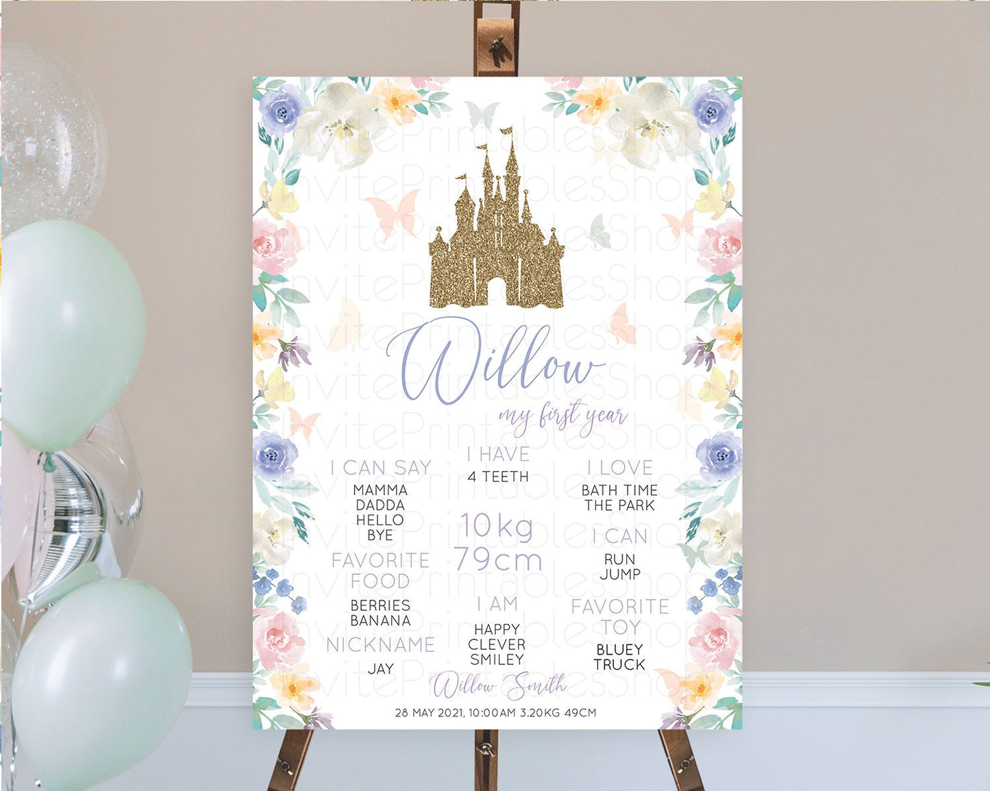 Editable Princess First Birthday Milestone Poster Castle Milestone Board Sec
