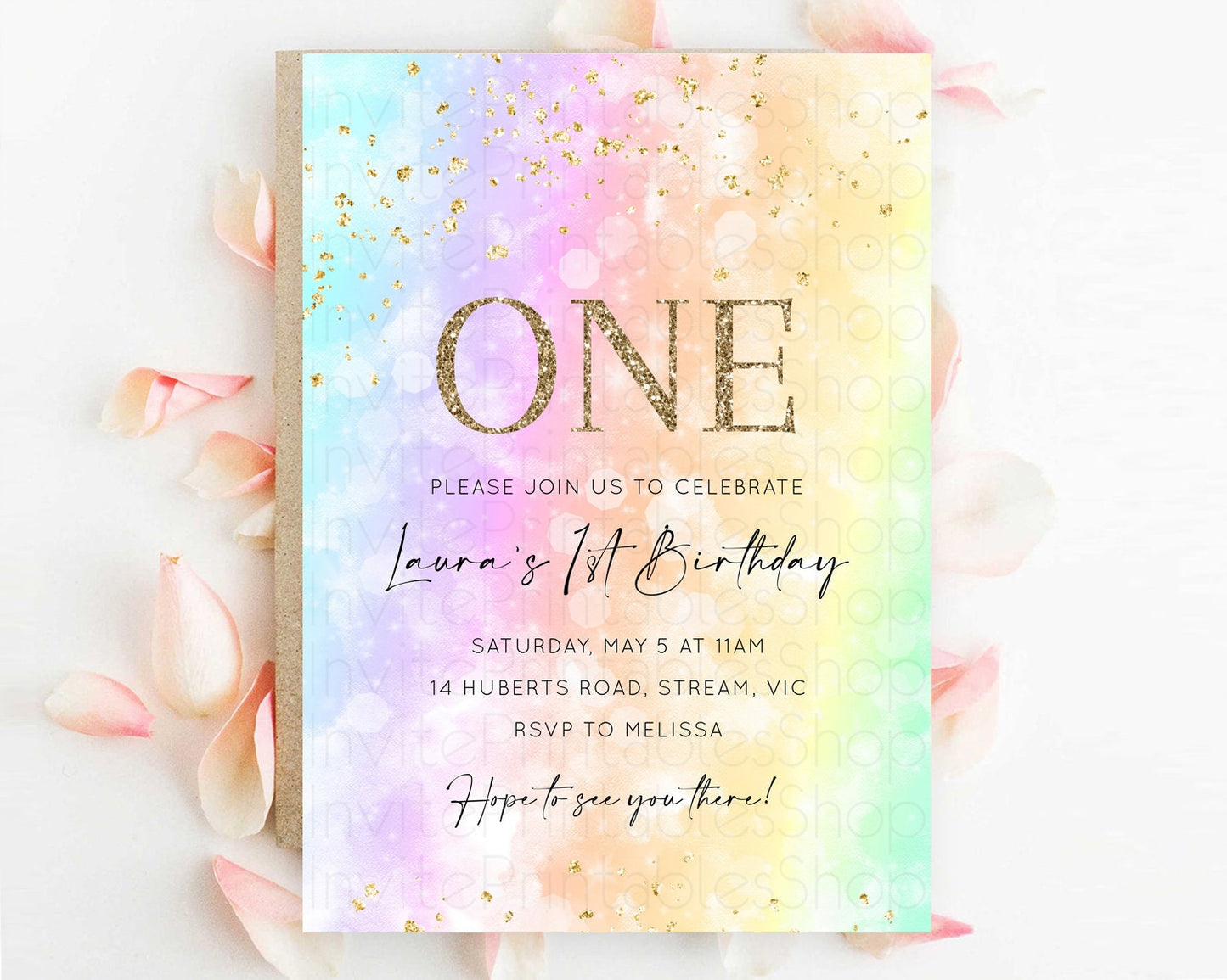 Rainbow Birthday Invitation Colorful Pastel Watercolor Invitation Gold Glitter Sprinkles Ombre Pastel 1st 2nd 3rd Birthday D10647
