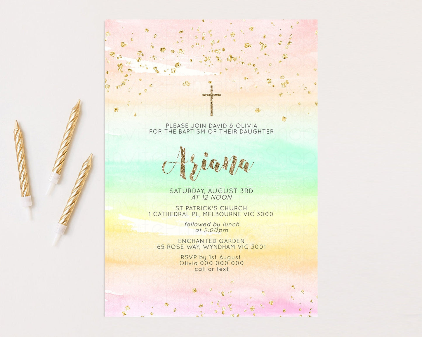 Rainbow Baptism invitation Pastel Orange Christening Invite Ombre Watercolor Invite Colors Yellow Pink Green Glitter Gold Cross Invite G581