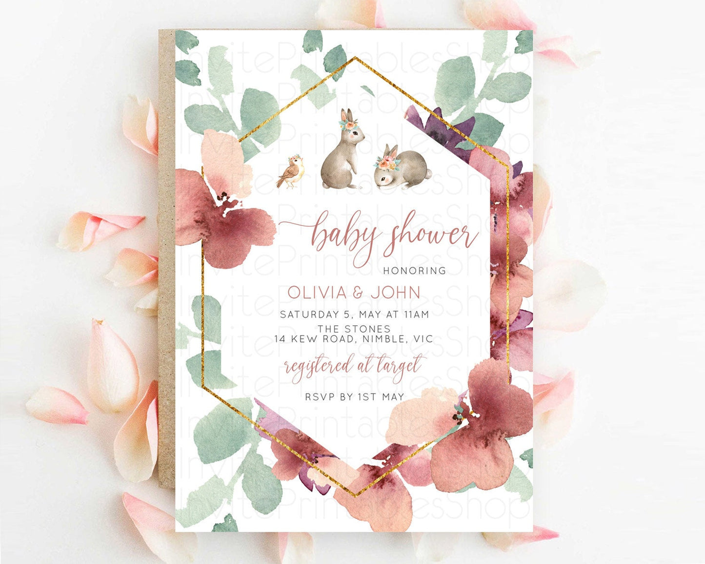 Bunny Baby Shower Invitation: Burgundy Flowers, Pastel Flowers, Secret Garden, Gold Accents, Leafy, Pastel Burgundy, Woodland Theme D11033