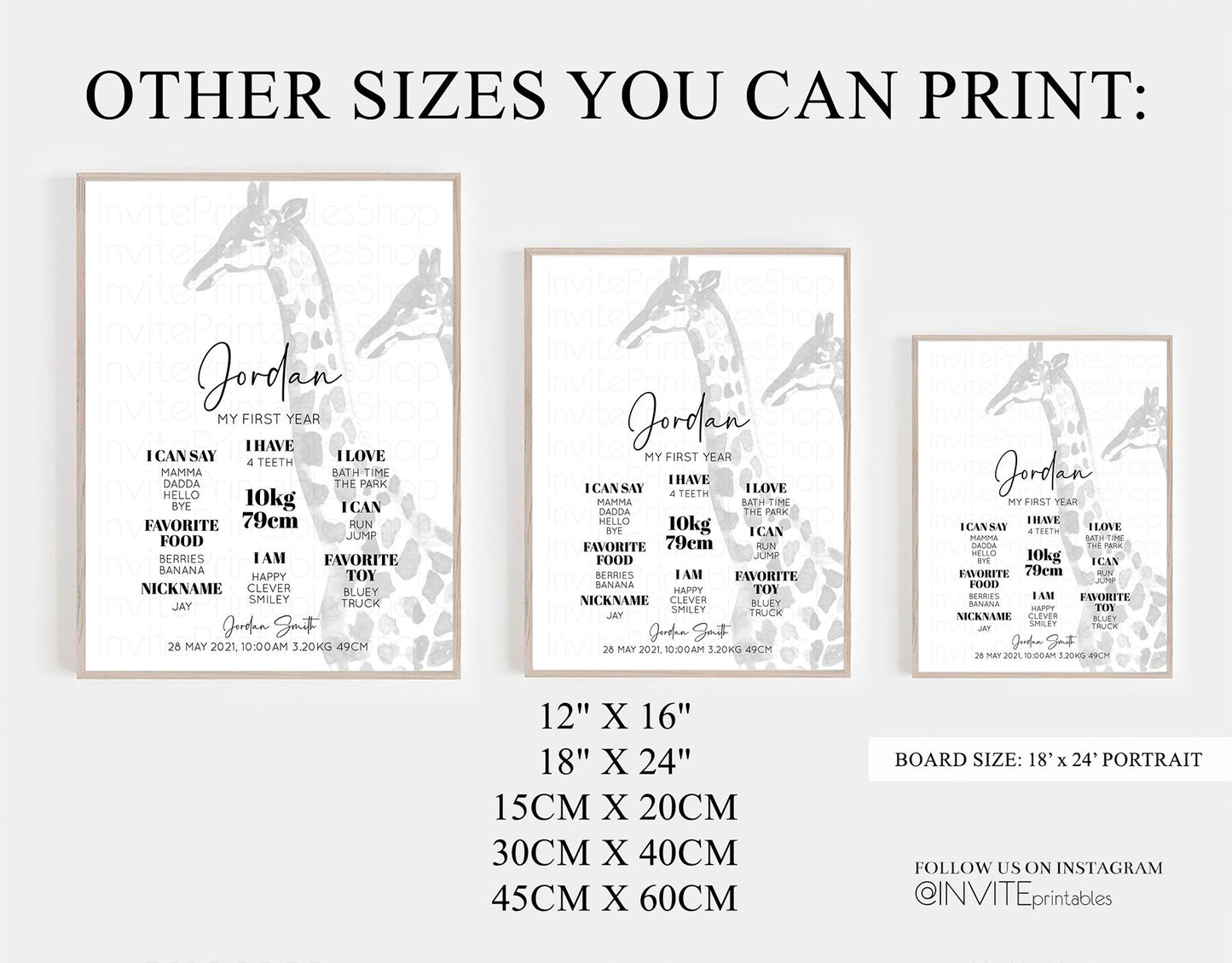 Giraffe Baby Milestone Board First Birthday Poster Welcome Board 1st Birthday Baby Keepsake Sign Modern Jungle African Safari Wild Party