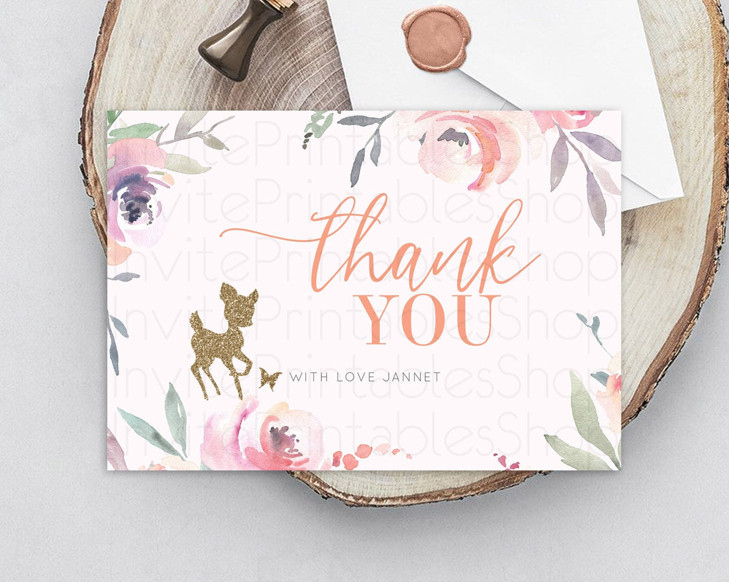 Fawn Thank You Deer Thank You Card Pastel Floral Deer Birthday Thank You Card Enchanted Forest Butterfly Deer Teacher Thank You Card D10196