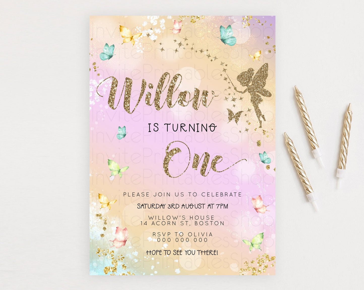 Pastel Fairy Birthday Invitation Pastel Butterflies Fairy Birthday Invitation Rainbow Ombre Watercolor 1st 2nd Birthday Invitation D23158