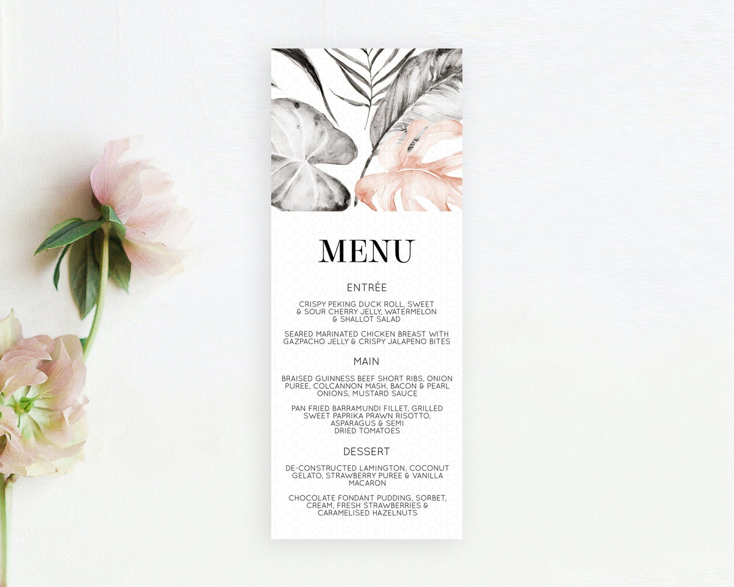 Tropical Menu Template Tropical Menu Palm Leaf Fern Table Decor Frangipani Floral White Orchid Dinner Dessert Menu Party Food Menu D11065