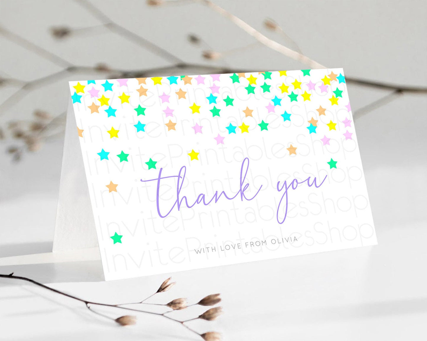 Star Thank You Card Pastel Stars Thank You Shooting Star Rainbow Colorful Confetti Twinkle Little Star Birthday Teacher Thank You D10394