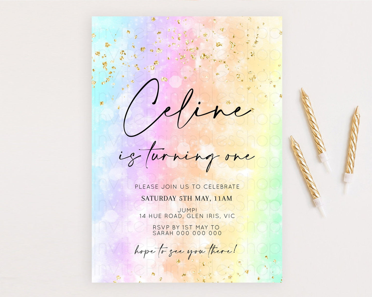 Rainbow Birthday Invitation Colorful Pastel Watercolor Invitation Gold Glitter Sprinkles Ombre Pastel 1st 2nd 3rd Birthday D10647