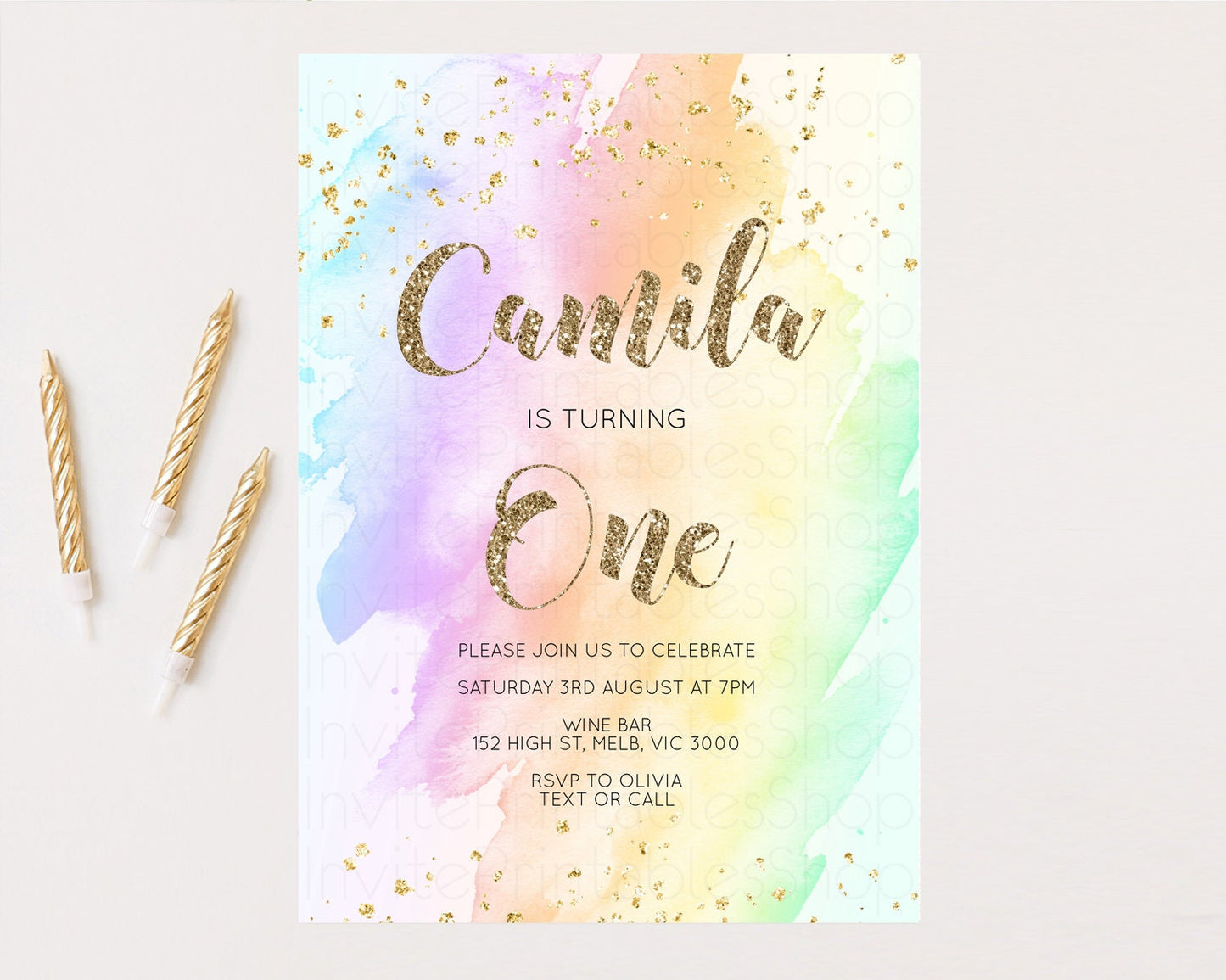 Rainbow Birthday Invitation Glitter Pastel Invitation Colorful Watercolor Gold Foil Splatter Sprinkle Ombre 1st 2nd 3rd Birthday Invite g602