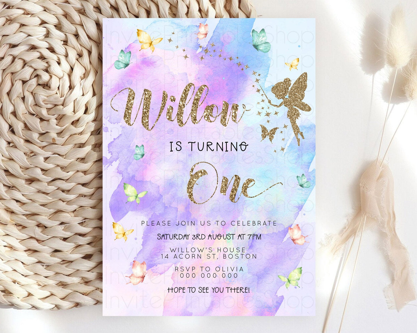 Pastel Fairy Birthday Invitation Pastel Butterflies Fairy Birthday Invitation Rainbow Ombre Watercolor 1st 2nd Birthday Invitation D23343