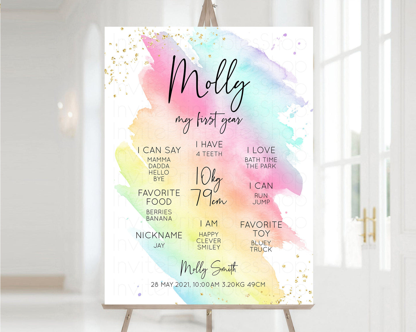 Pastel Rainbow First Birthday Milestone Board Ombre Gold Milestone Poster Watercolor Glitter One Year Poster Pastel Color Baby 1st Year T518