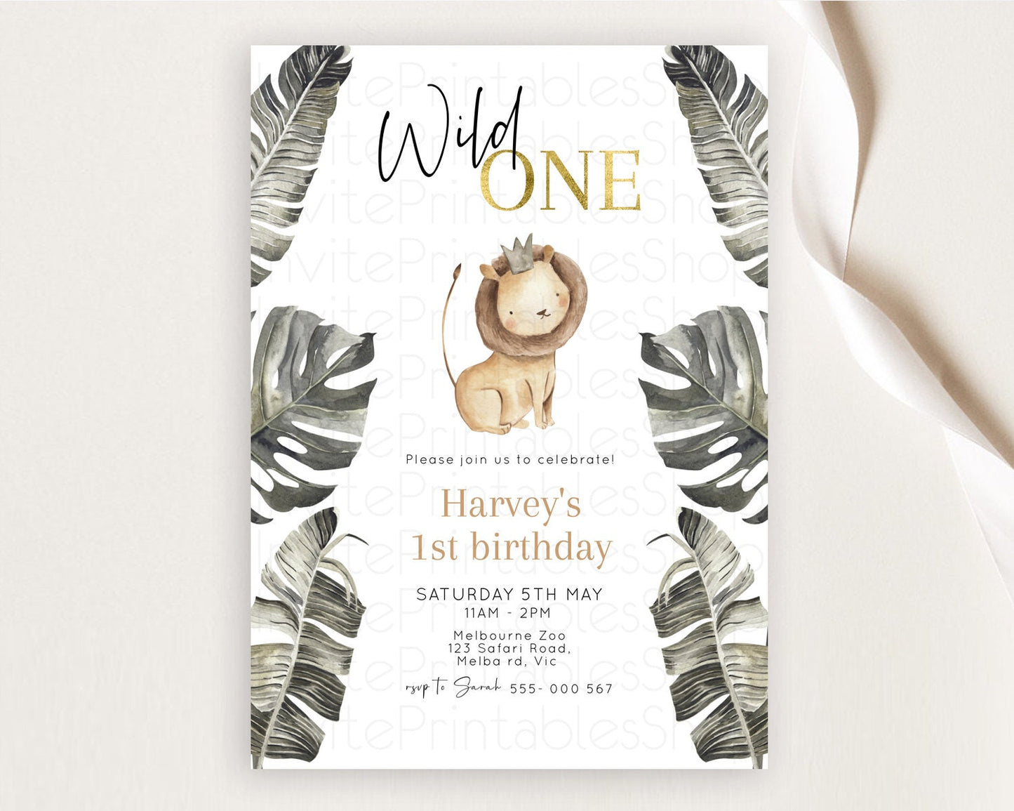 Safari Birthday Invitation Lion Gorilla Elephant Rhino Tropical Palm Jungle Safari Adventure Zoo Party Animal 2nd 1st First Birthday D10599